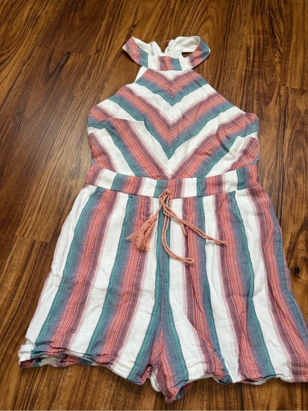 Striped Halter Romper in Coral, Teal & White